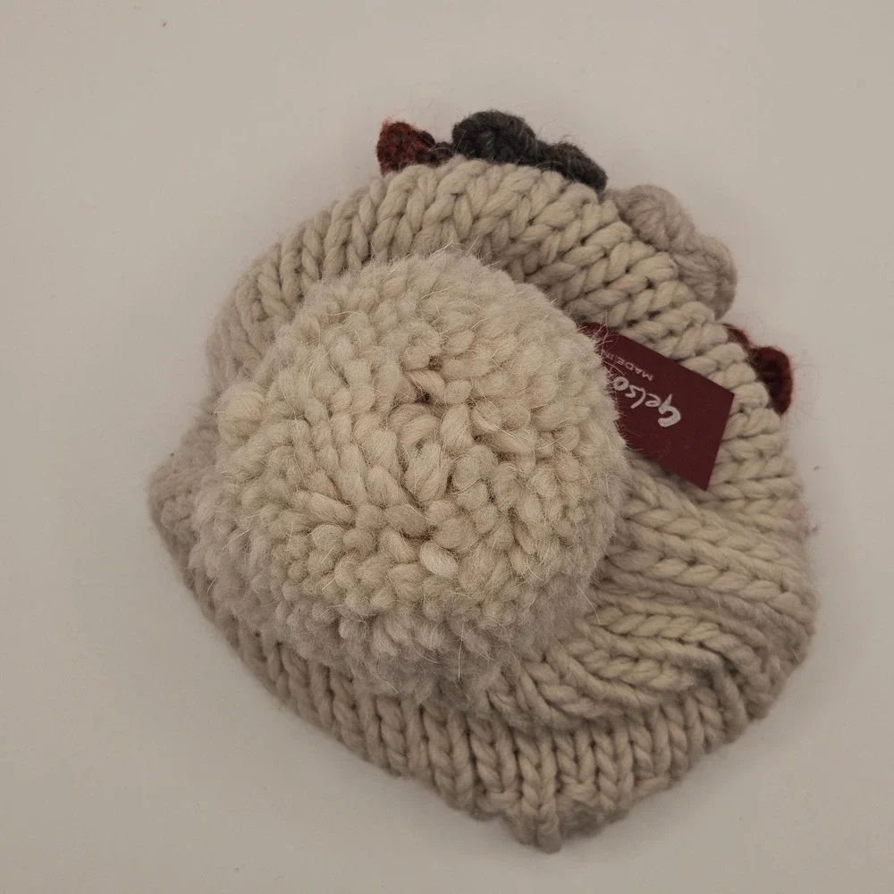 Gelso Bianco Alpaca Wool Blend Beanie OS Cream Cottagecore Floral Pom Pom Italy